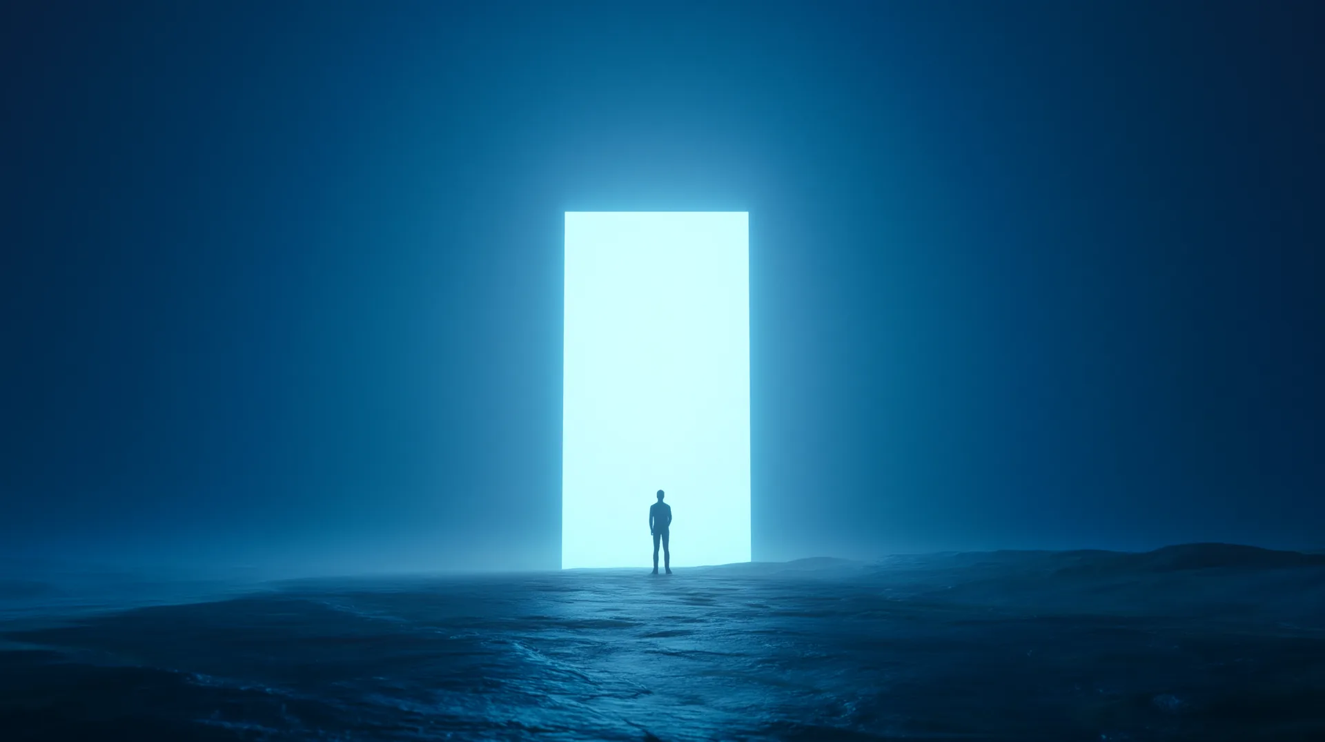 A solitary figure facing a luminous doorway in a blue landscape