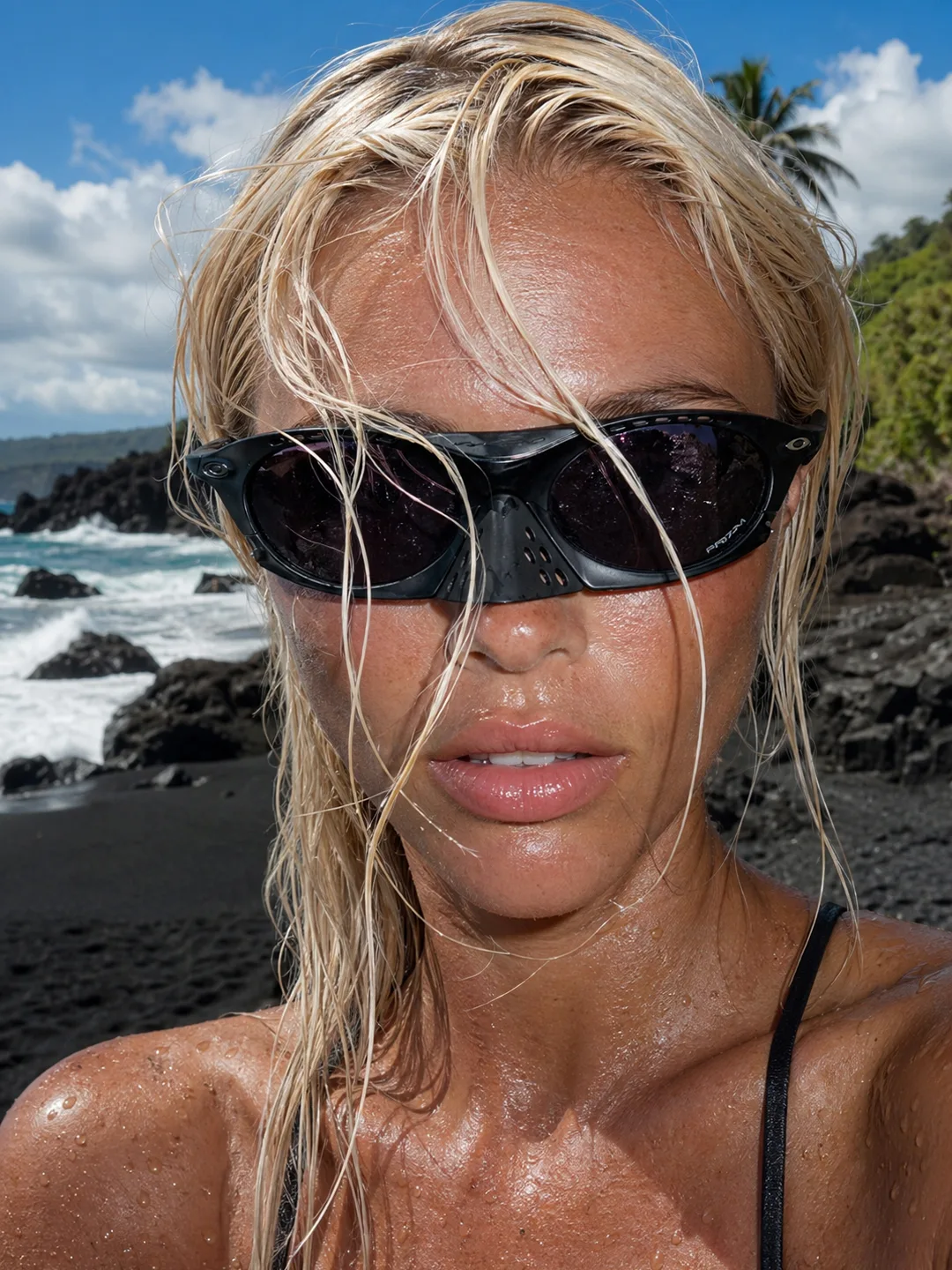 VAELT black-frame eyewear on a black sand shoreline
