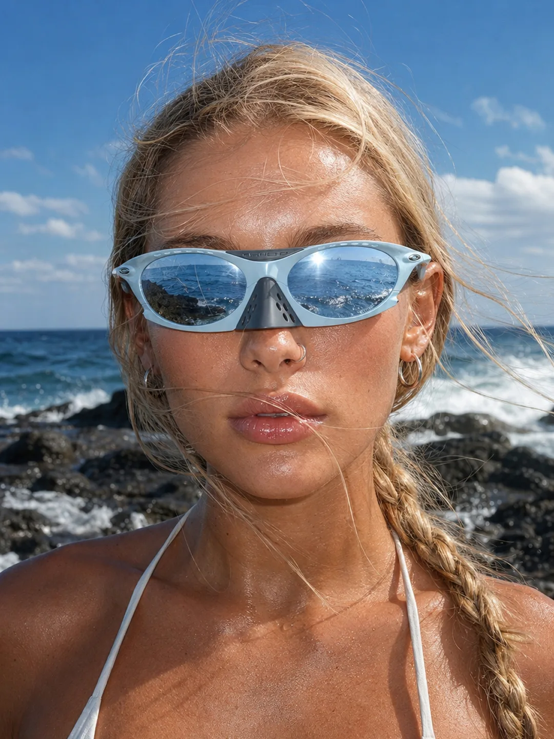 VAELT silver eyewear beside a bright ocean shoreline