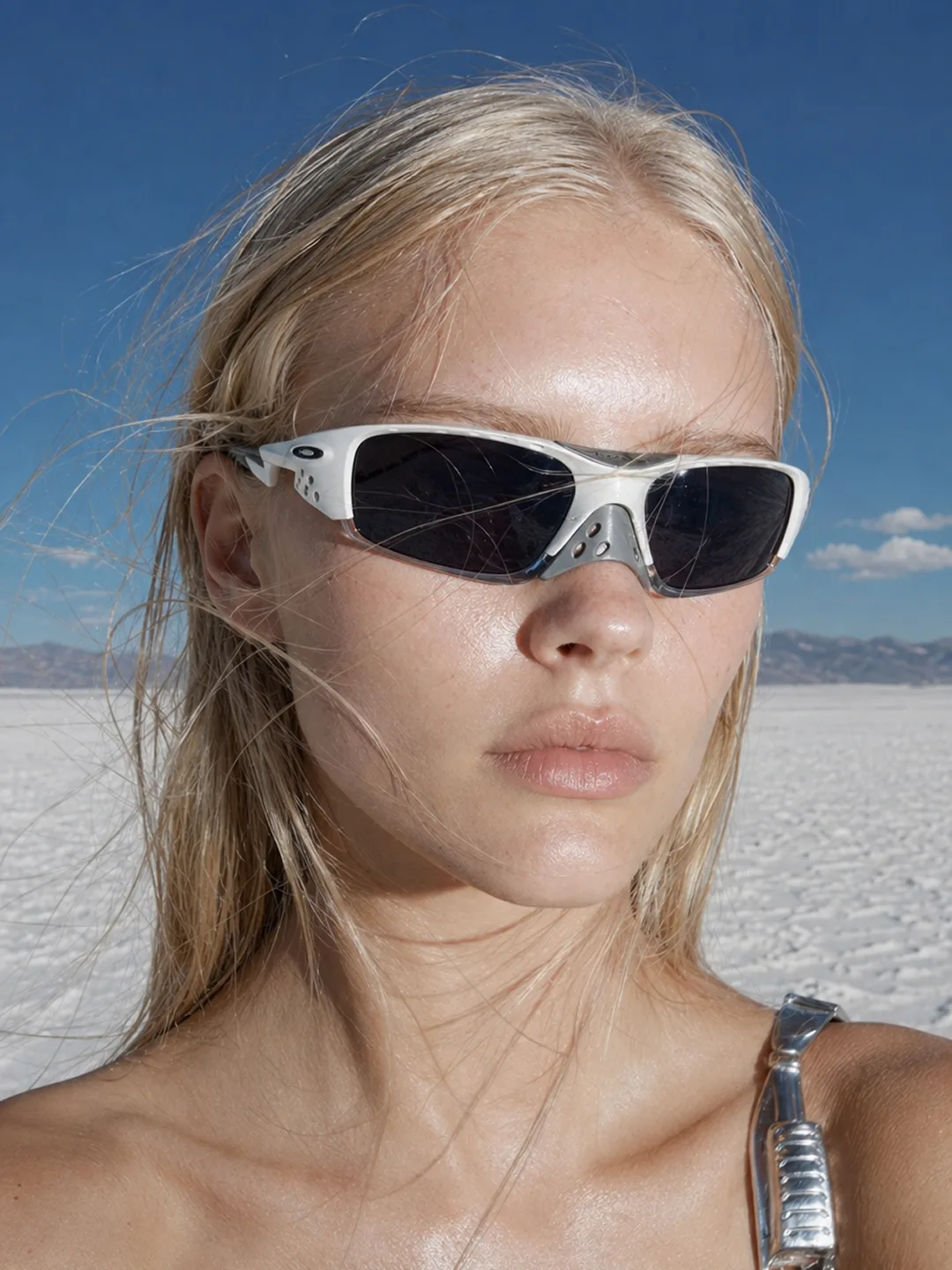 VAELT white eyewear under the hard light of salt flats